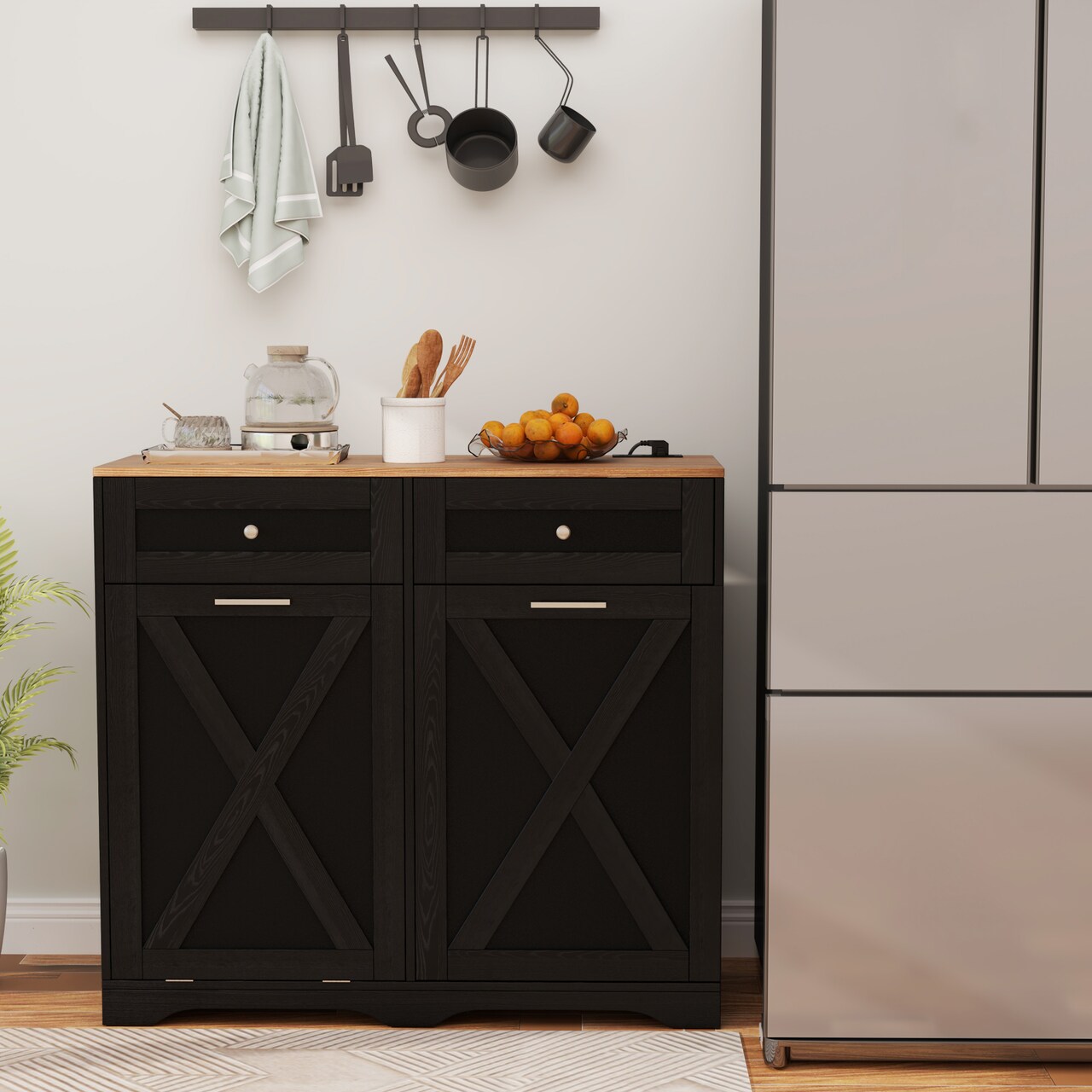 Tilt Out Wooden Trash Can Cabinet with 3 Position Adjustable Shelf and Power Outlets